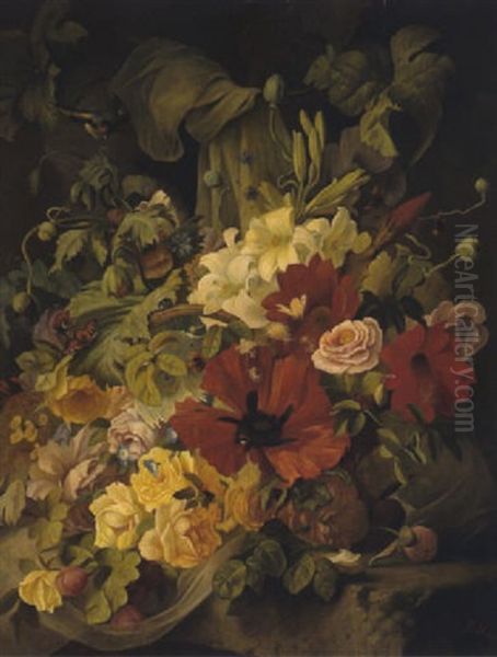 Ein Blumenstraus Mit Rosen, Lilien, Mohnbluten, Einem Steiglitz Und Schmetterlingen In Einem Korb Oil Painting by Theude Groenland
