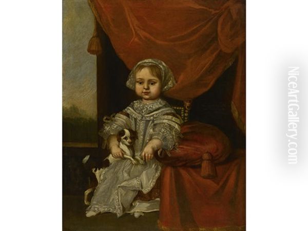 A Portrait Of A Girl With Her Dog Oil Painting by Jan de Groot