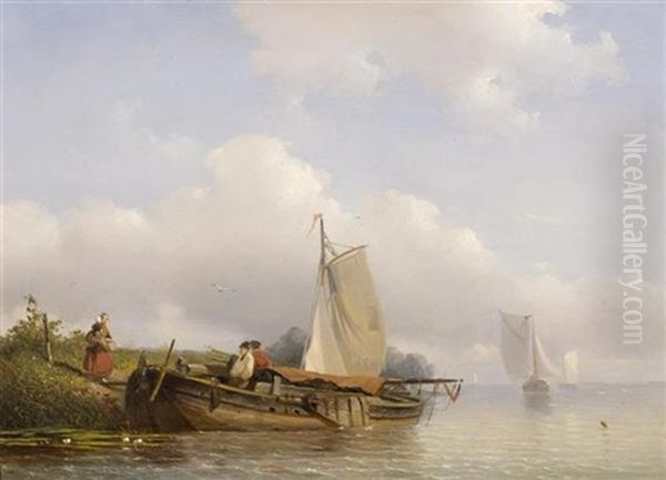 Hollandische Flusslandschaft Mit Booten Oil Painting by Frans Arnold Breuhaus de Groot
