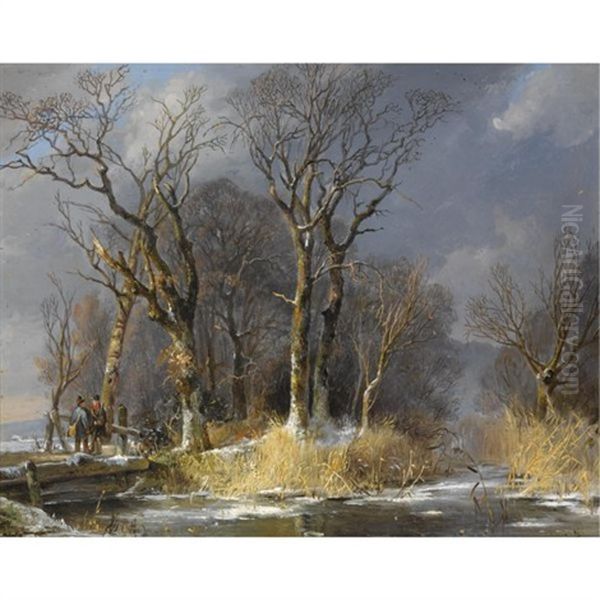 Hunters In The Snow Oil Painting by Frans Breuhaus de Groot
