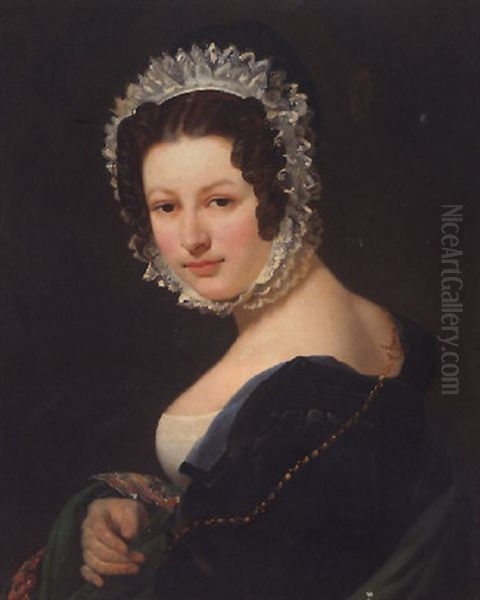 Portrait Of A Young Lady Wearing A Black Dress, With A Green Mantle, And A Lace Bonnet Oil Painting by Baron Jean-Baptiste Gros