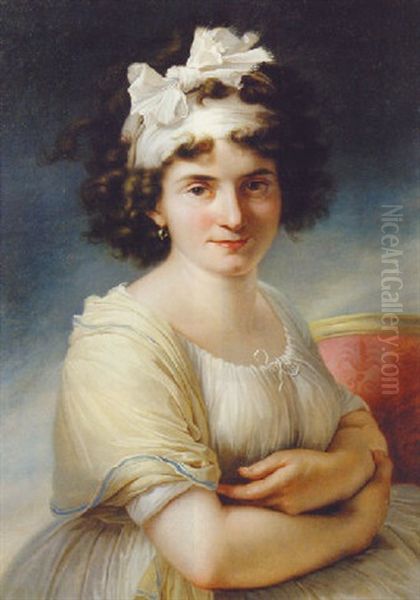 Portrait Of Celeste Coltellini, Mme. Meuricoffre, In A White Dress And Cream Shawl With A Headband Tied In A Bow Oil Painting by Baron Jean-Baptiste Gros