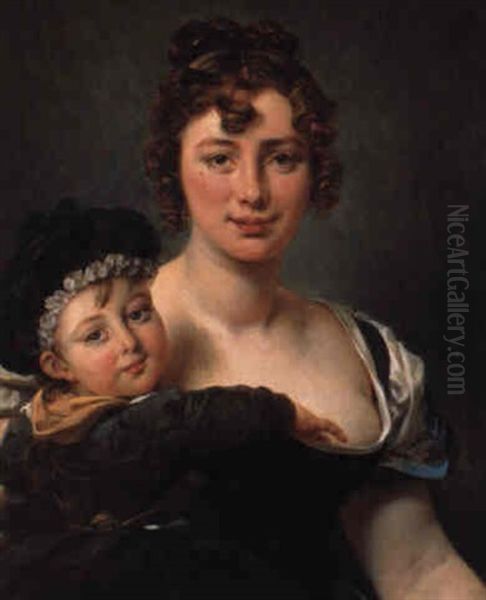 Portrait Of Francoise Simonnier And Her Daughter, Cecile-francoise Oil Painting by Baron Jean-Baptiste Gros