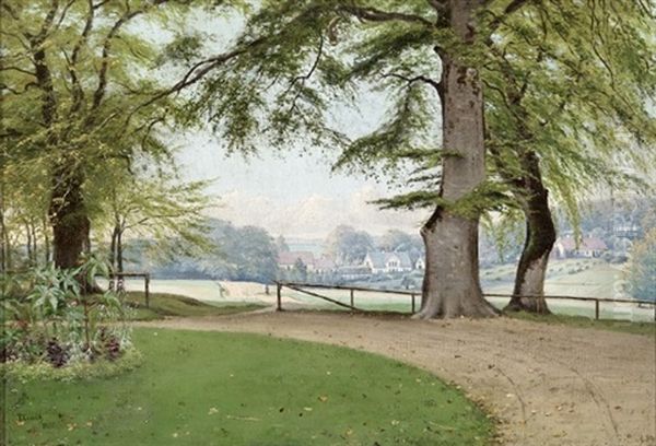 Landskab Med Traeer, Blomster Og Stier, Udsigt Til Landsby Og Fjord, Sommer Oil Painting by Ernst Thorvald Groth