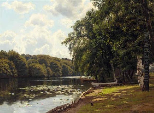 A Sunlit River Landscape Oil Painting by Vilhelm Groth