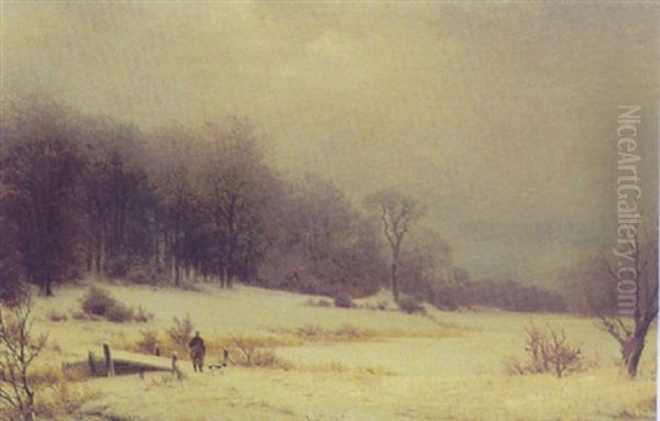 Vinterlandskab Med Jaeger Med Sin Hund Ved En Tilfrossen So Oil Painting by Nordahl (Peter Frederik N.) Grove