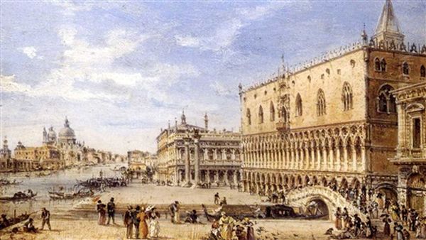Venezia, La Piazetta (+ Venezia, Riva Degli Schiavoni; 2 Works) Oil Painting by Giovanni Grubas