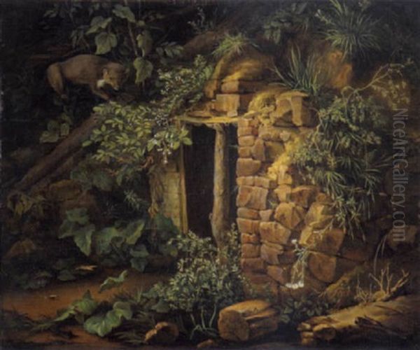 Ein Fuchs Vor Einem Verfallenen Eingang Im Wald Oil Painting by Franz Xaver Gruber