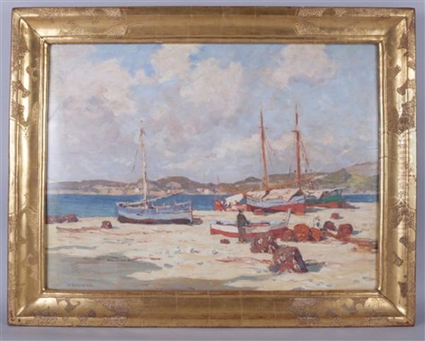 Dalmatinische Kustenlandschaft Mit Fischerbooten Oil Painting by Franz Gruber-Gleichenberg