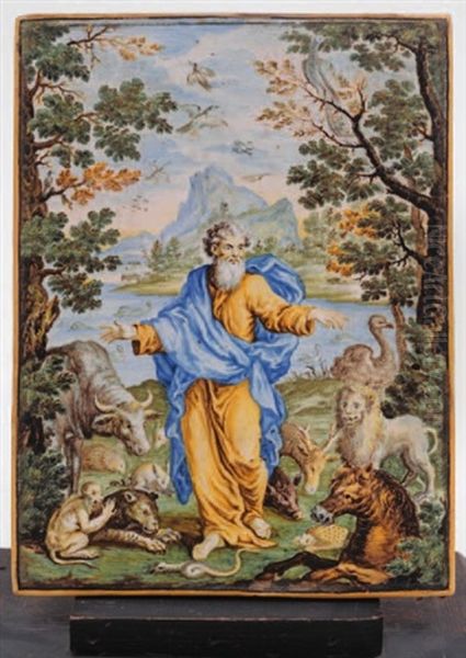 St Francis Standing In A Water 
Landscape With Mountains Beyond Surrounded By Numerous Animals, Birds And Sea Creatures Oil Painting by Liborio Grue