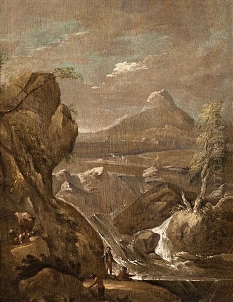 Italska Hornata Krajina S Vodopadem A Rybarem Oil Painting by Norbert Joseph Carl Grund