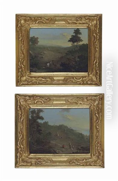 A Wooded Landscape With Travellers, A Viaduct Beyond; And A Wooded Landscape With Herdsmen By A Pond And Travellers Beyond (pair) Oil Painting by Norbert Joseph Carl Grund