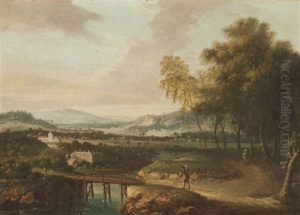 Hugelige Landschaft Mit Brucke Und Wandersmann Oil Painting by Norbert Joseph Carl Grund