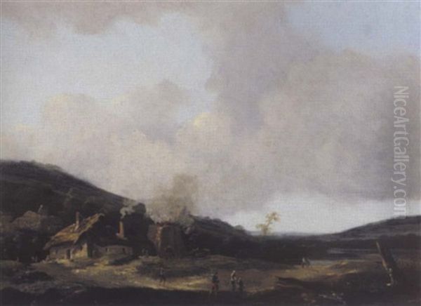 Hugelige Landschaft Mit Einem Bauernhaus Und Figuren Oil Painting by Norbert Joseph Carl Grund