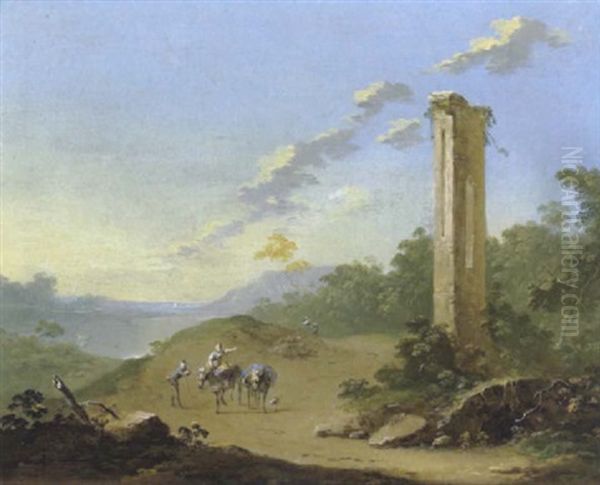 Landschaft  Mit Mauerruine Und Einer Maultiertreiberin Oil Painting by Norbert Joseph Carl Grund