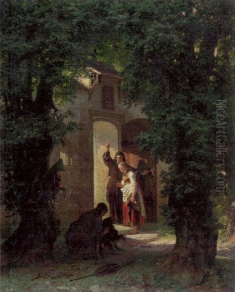 An Der Klosterpforte Werden Ein Schwabisches Bauernmadchen Und Ein Schafer Mahnend Von Einer Nonne Empfangen Oil Painting by Jakob Gruenenwald