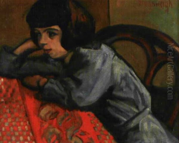 La Fille Du Peintre Assise A Table Oil Painting by Nathan Grunsweigh