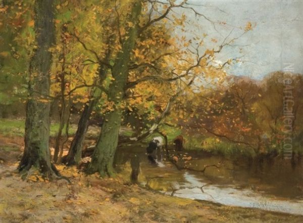 Cattle Watering In An Autumn Landscape Oil Painting by Charles Paul Gruppe