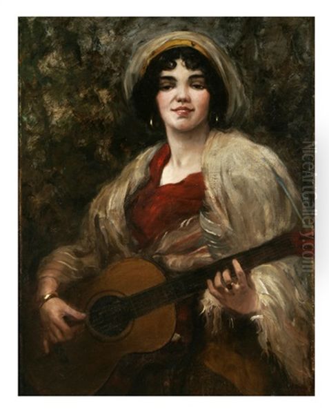Gypsy Girl Playing Guitar Oil Painting by Charles Paul Gruppe
