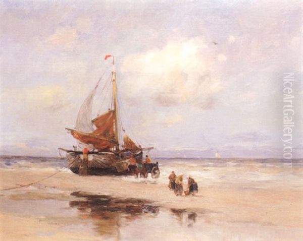 Dutch Fisherfolk On A Beach Oil Painting by Charles Paul Gruppe