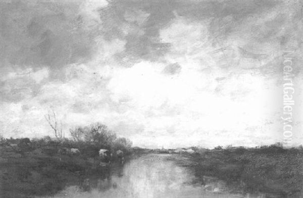 Cattle Watering In A Cloudy Landscape Oil Painting by Charles Paul Gruppe