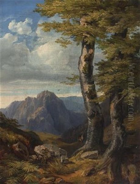 Landscape With Deer Oil Painting by Julius Theodor Gruss