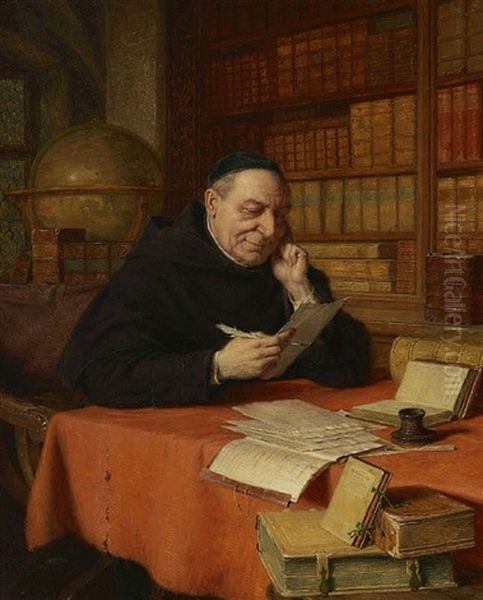 Briefschreibender Monch In Der Klosterbibliothek Oil Painting by Eduard von Gruetzner