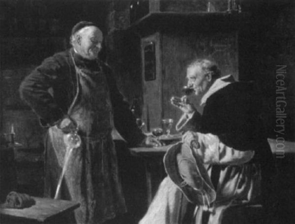 Two Monks In A Wine Cellar Oil Painting by Eduard von Gruetzner