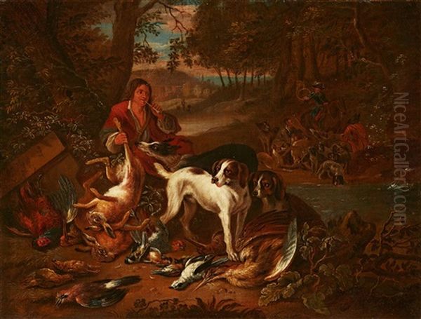 Landscape With Hunters, Dogs, And Game Oil Painting by Adriaen de Gryef