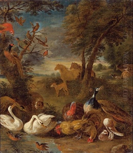 Bewaldete Landschaft Mit Schwanen, Huhnern, Einer Kropftaube, Einem Pfau, Einem Papagei Und Anderen Vogeln, Mit Pferden Sowie Einem Hund An Einem Teich Oil Painting by Adriaen de Gryef
