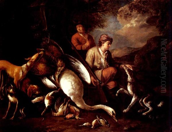 Two Huntsmen With Their Dogs And Game By A Classical Urn In A Wooded Landscape Oil Painting by Adriaen de Gryef