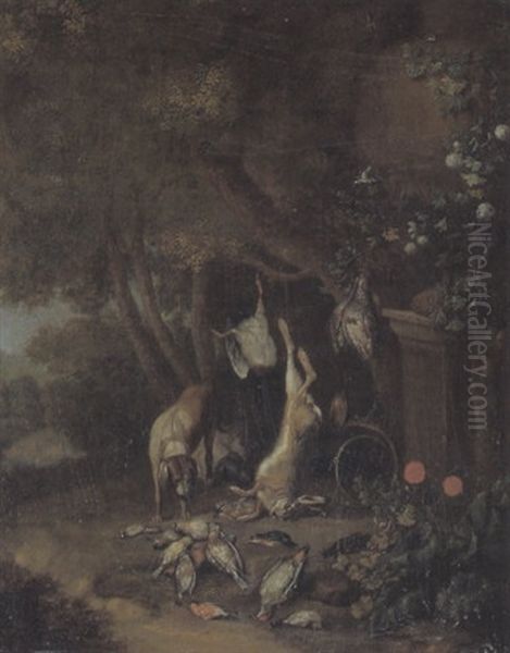Jagdstilleben In Einem Schlosspark Von Einem Hund Bewacht Oil Painting by Adriaen de Gryef