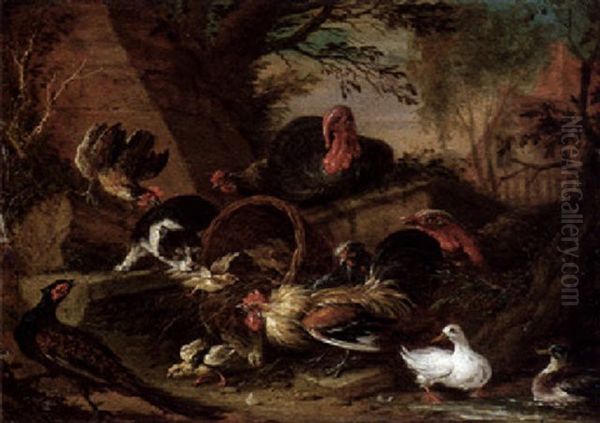 Katze Zwischen Aufgescheuchtem Geflugel Hinter Einem Gehoft Oil Painting by Adriaen de Gryef
