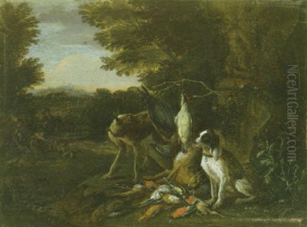 A Still Life With Game And Hounds In An Extensive Landscape And Hunters And Dogs Resting By A Tree Beyond Oil Painting by Adriaen de Gryef