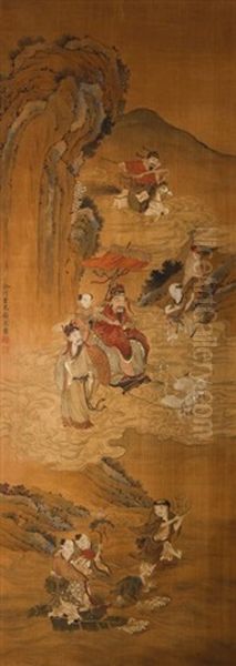 A Dignitary Seated On A Chariot Pulled By Dogs Floating Through Cloud Scrolls With Attendants Oil Painting by  Gu Jianlong
