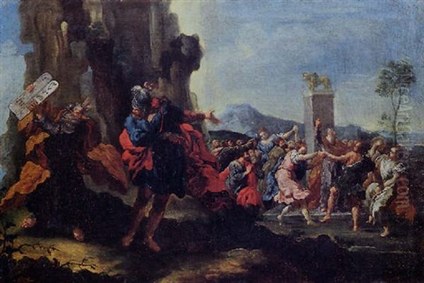 Mose Discende Dal Sinai Mentre Gli Ebrei Danzano Intorno Al Vitello D'oro Oil Painting by Pietro Francesco Guala