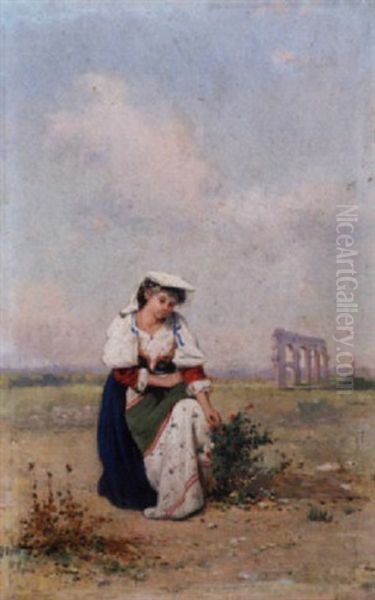 Contadinella Nella Campagna Romana Oil Painting by Guerrino Guardabassi