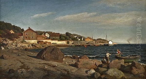 Sundbryggen I Drobak Oil Painting by Hans Frederick Gude