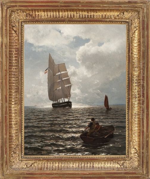 Boats In The Open Sea With Fishermen Pulling Nets Oil Painting by Hans Frederick Gude