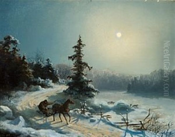 Maneskinnslandskap Med Slede Oil Painting by Hans Frederick Gude
