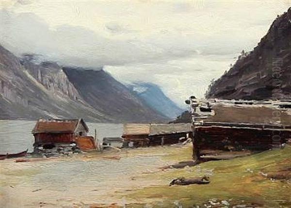 Fiord Scene On A Cloudy Summer Day Oil Painting by Hans Frederick Gude