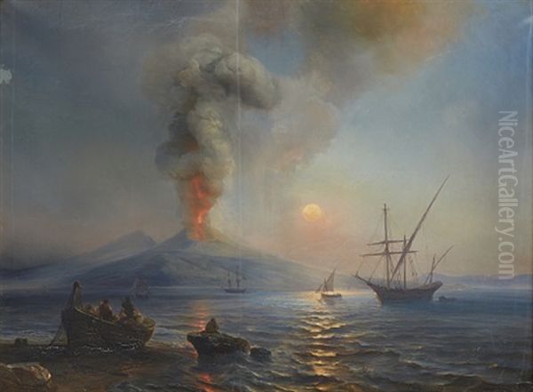The Gulf Of Naples With Vesuvius In The Background Oil Painting by Theodore Gudin