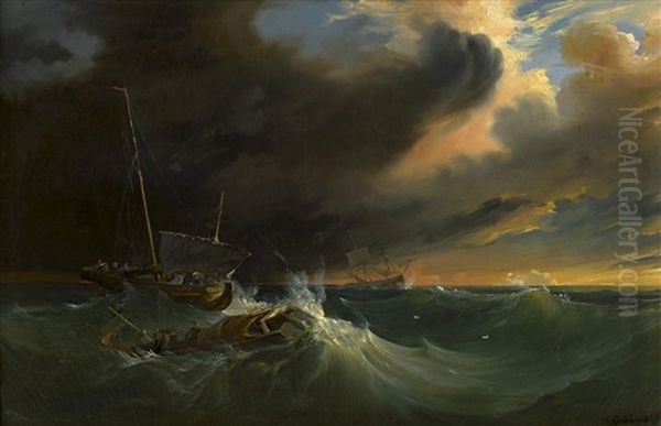 Fischerboote Auf Sturmischer See Bei Sonnenuntergang Oil Painting by Theodore Gudin