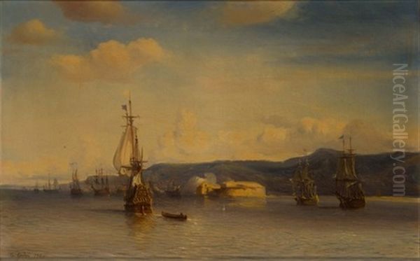 A Squadron Of The French Fleet Exercising Off Toulon Oil Painting by Theodore Gudin