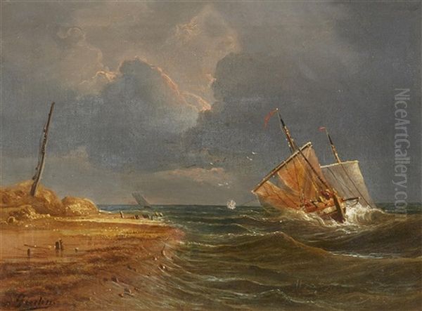 Coastal Landscape With Sailing Boats On Choppy Seas Oil Painting by Theodore Gudin