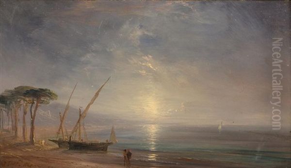 Pecheurs Regardant Le Coucher De Soleil Pres De Leurs Bateaux Oil Painting by Theodore Gudin