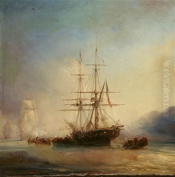 A Burning Brig On The Sea Oil Painting by Theodore Gudin