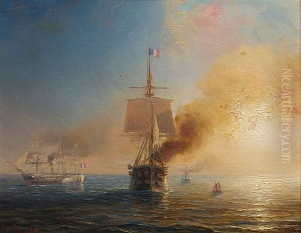 Navires Francais Oil Painting by Theodore Gudin