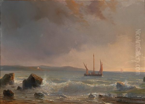 Seascape With Sailing Boats In The Evening Light Oil Painting by Theodore Gudin