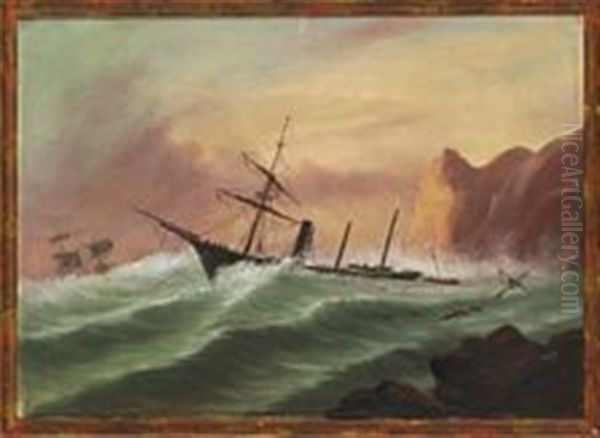 Ships Off A Rocky Coast Oil Painting by Theodore Gudin